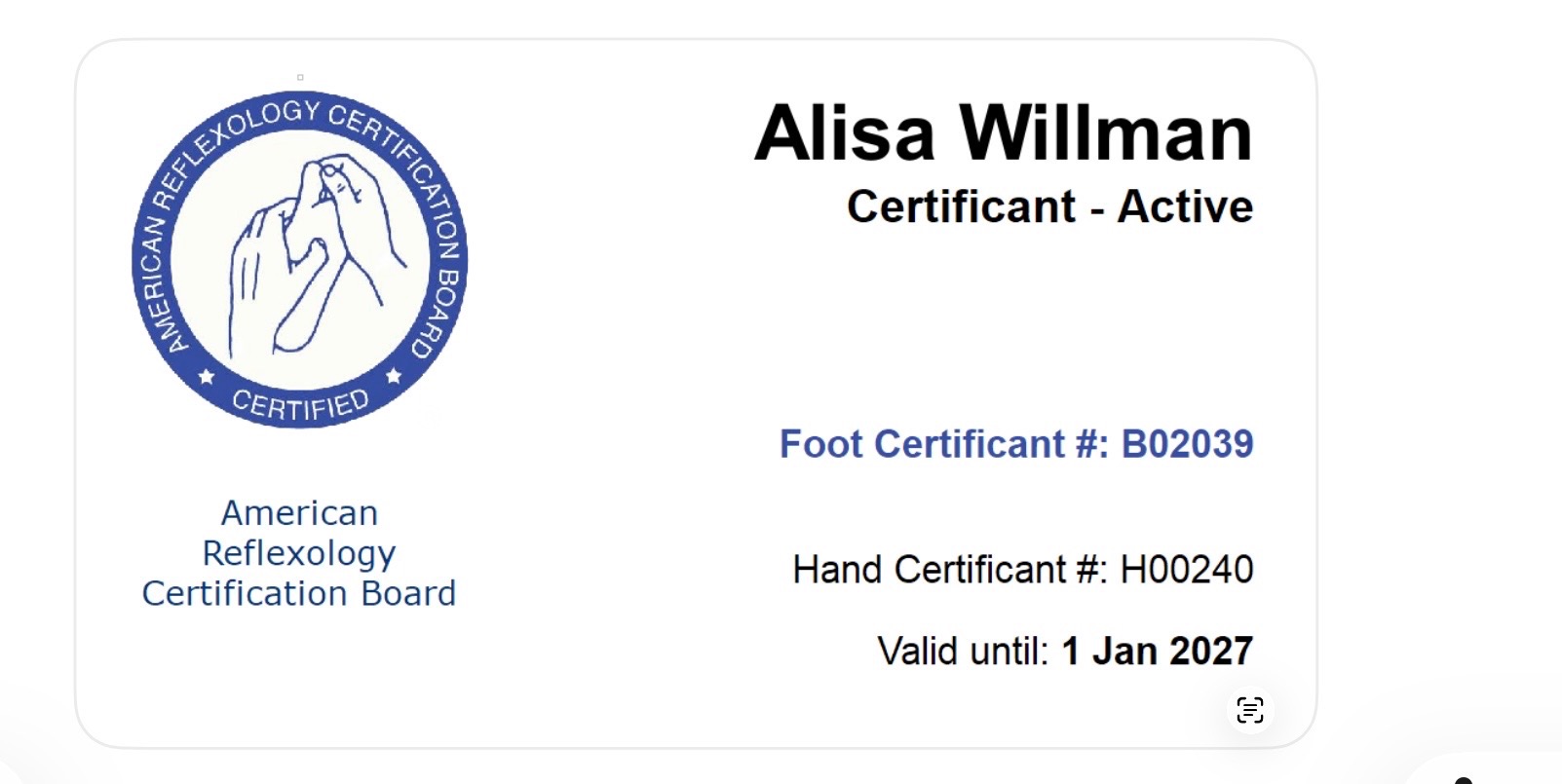American Reflexology Certification Board — Certified, Foot Certificant B02039, Hand Certificant H00240
